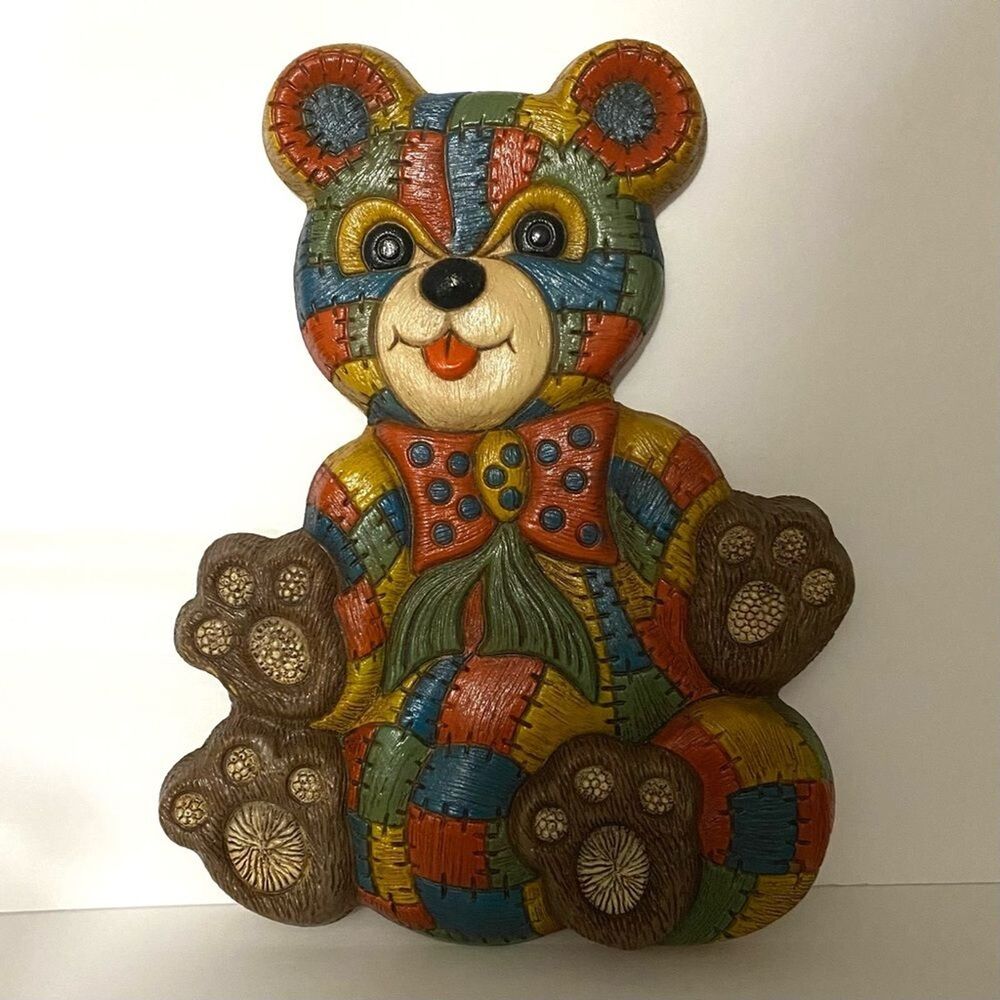 Vintage 1970s Foam Craft Patchwork Quilted Teddy Bear Wall Hanging—Nursery Decor